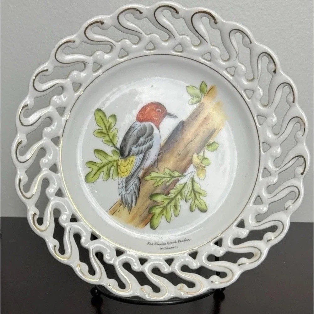 Red Headed Woodpecker Collector Plate Porcelain Gold Trim Signed Wall Napco VTG